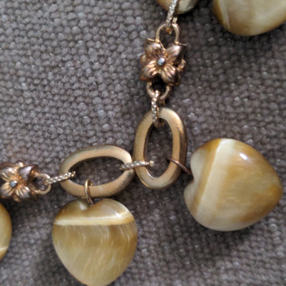 Gold Tiger Eye Heart Charm Gemstone Bracelet, Vintage, 7 1/4" Toggle Clasp, - Picture 6 of 7
